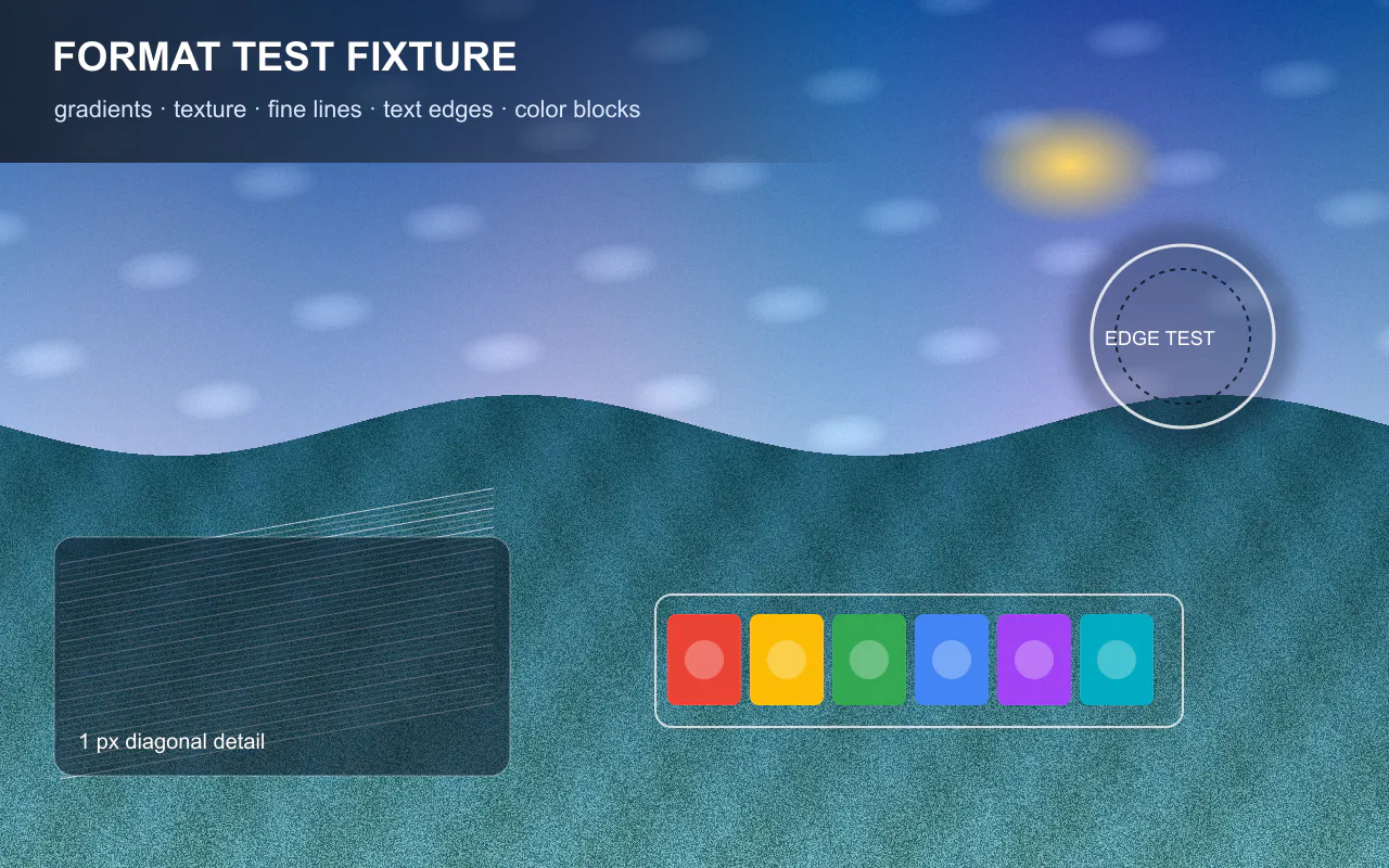 Synthetic image fixture containing gradients, fine texture, one-pixel lines, text edges, circles, and saturated color blocks
